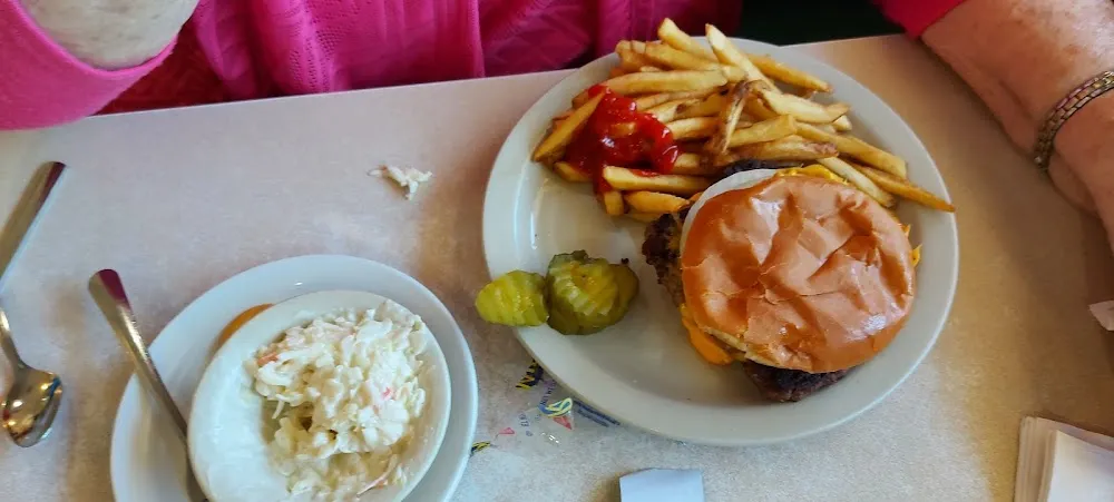 Burger Fries and Cole Slaw